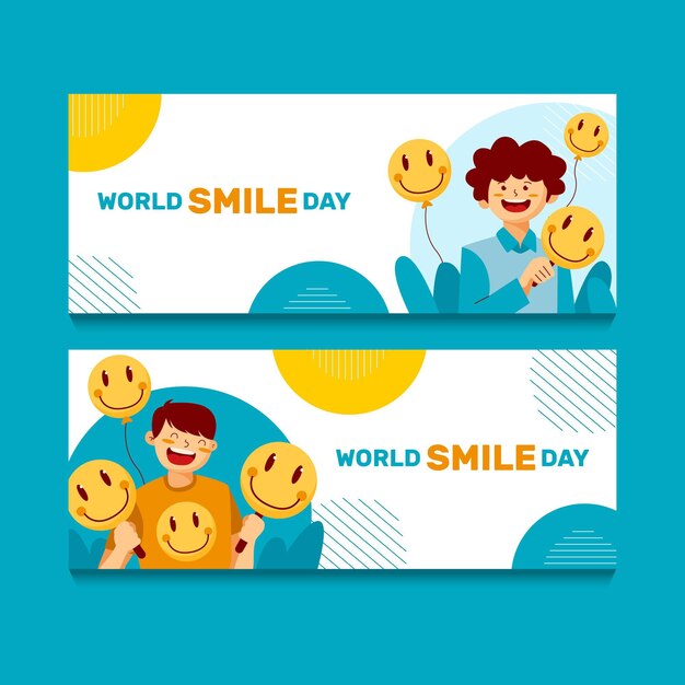 Hand drawn flat world smile day horizontal banners set