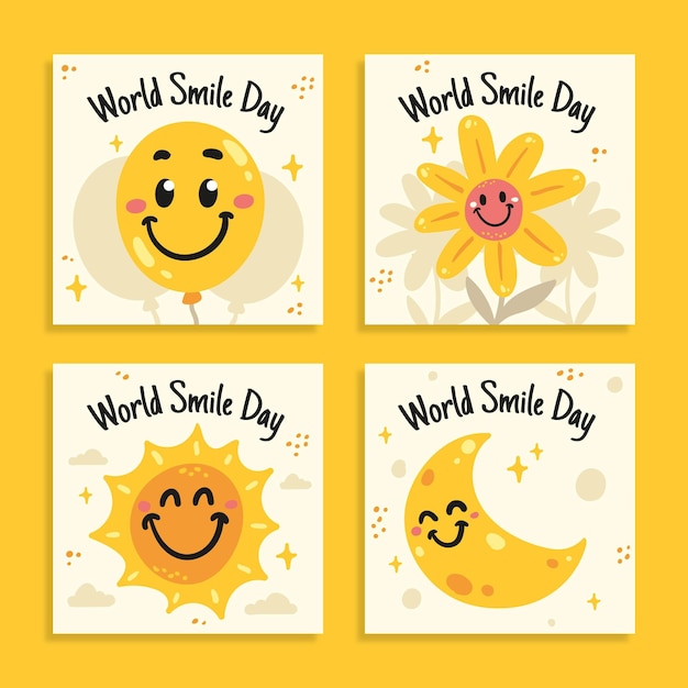 Vettore gratuito collezione di post di instagram per la giornata mondiale del sorriso piatto disegnata a mano