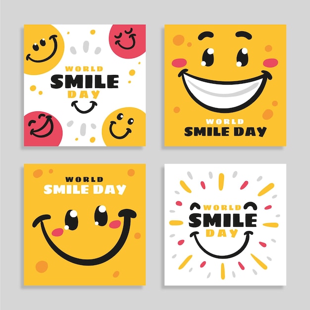 Collezione di post di instagram per la giornata mondiale del sorriso piatto disegnata a mano