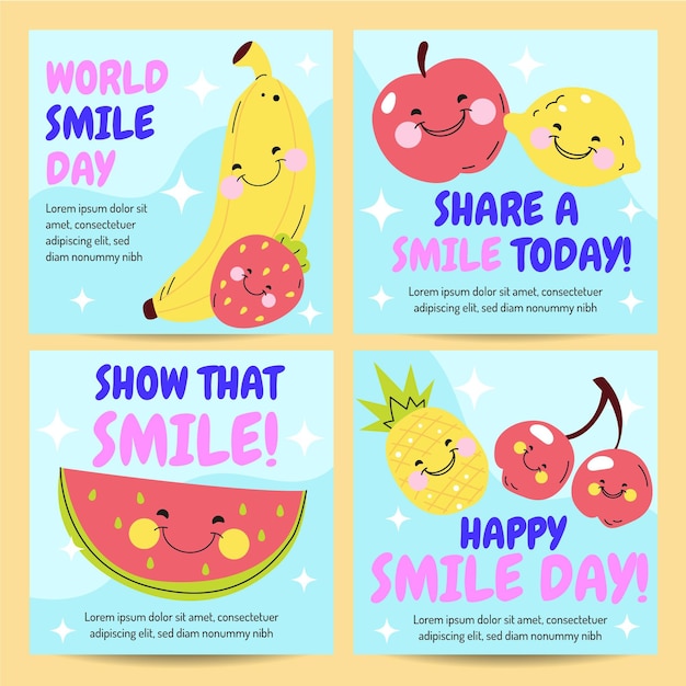 Collezione di post di instagram per la giornata mondiale del sorriso piatto disegnata a mano