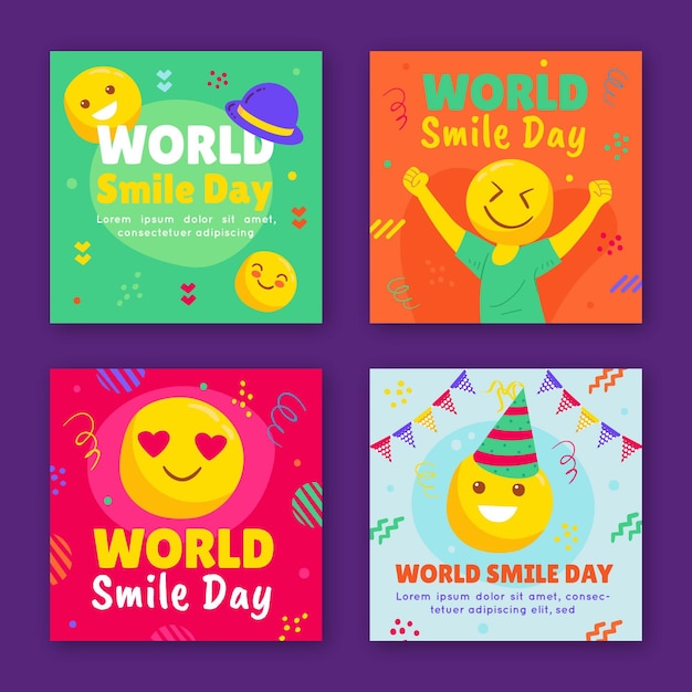 Collezione di post di instagram per la giornata mondiale del sorriso piatto disegnata a mano