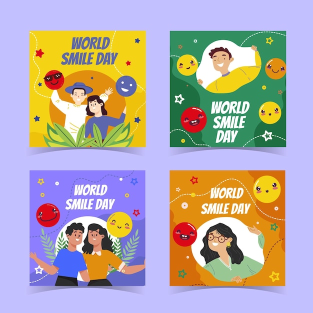 Hand drawn flat world smile day instagram posts collection