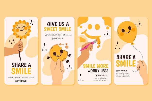 Collezione di storie di instagram per la giornata mondiale del sorriso piatto disegnata a mano