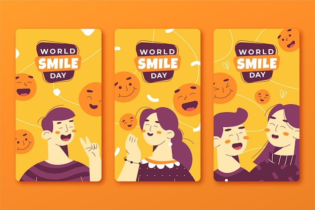 Collezione di storie di instagram per la giornata mondiale del sorriso piatto disegnata a mano