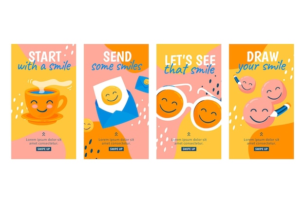 Vettore gratuito collezione di storie di instagram per la giornata mondiale del sorriso piatto disegnata a mano