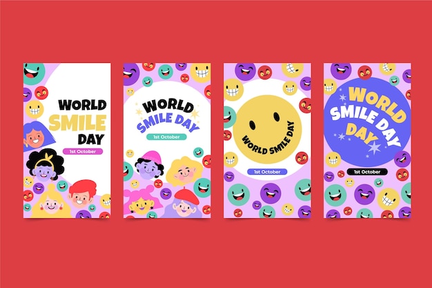 Vettore gratuito collezione di storie di instagram per la giornata mondiale del sorriso piatto disegnata a mano