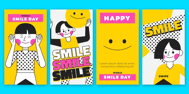 Collezione di storie di instagram per la giornata mondiale del sorriso piatto disegnata a mano