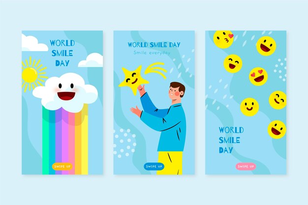 Hand drawn flat world smile day instagram stories collection