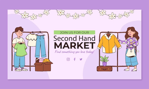 Hand drawn flea market shopping social media promo template