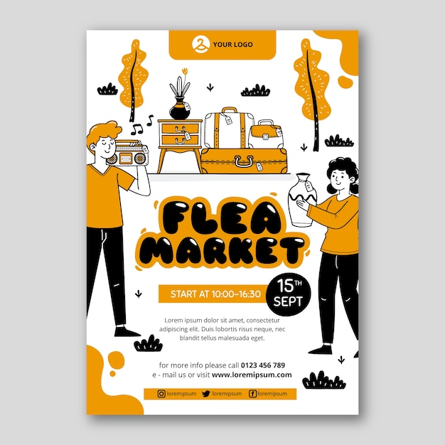 Hand drawn flea market shopping vertical poster template