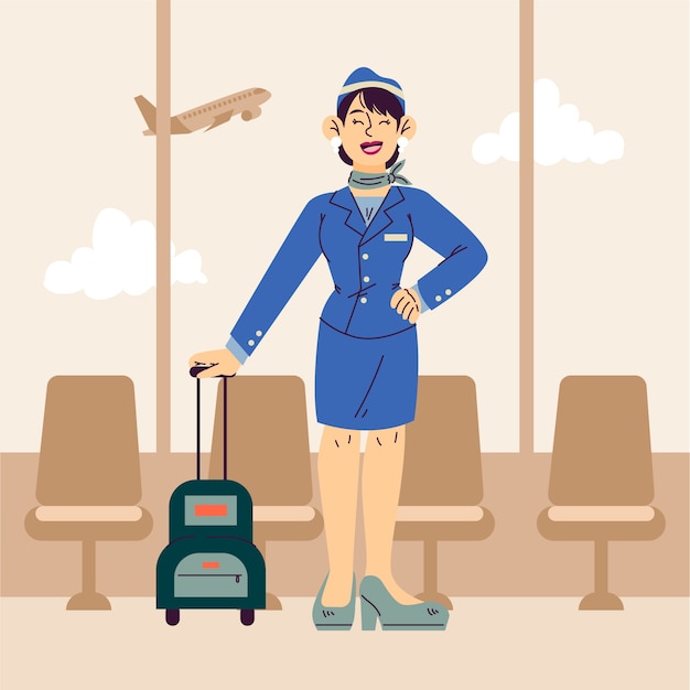 Hand drawn flight attendant cartoon illustration