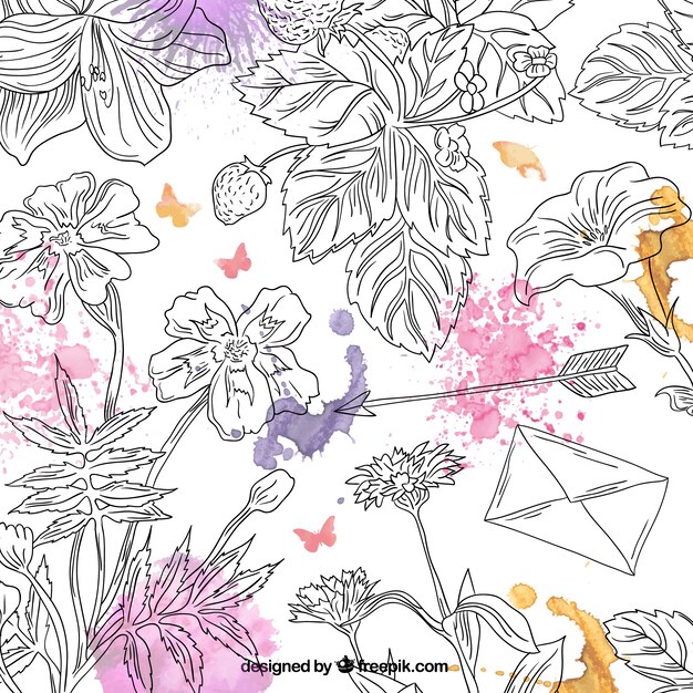 Hand drawn floral background with watercolor splashes