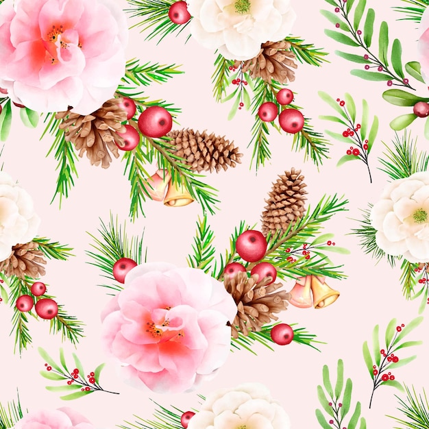 hand drawn floral christmas seamless pattern