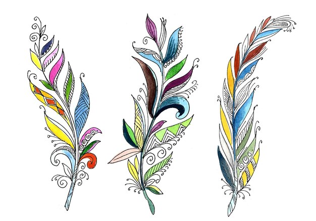 Hand drawn floral feathers watercolor set on white background