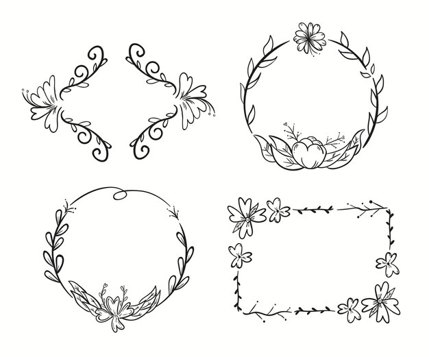 손으로 그린 꽃 프레임 세트