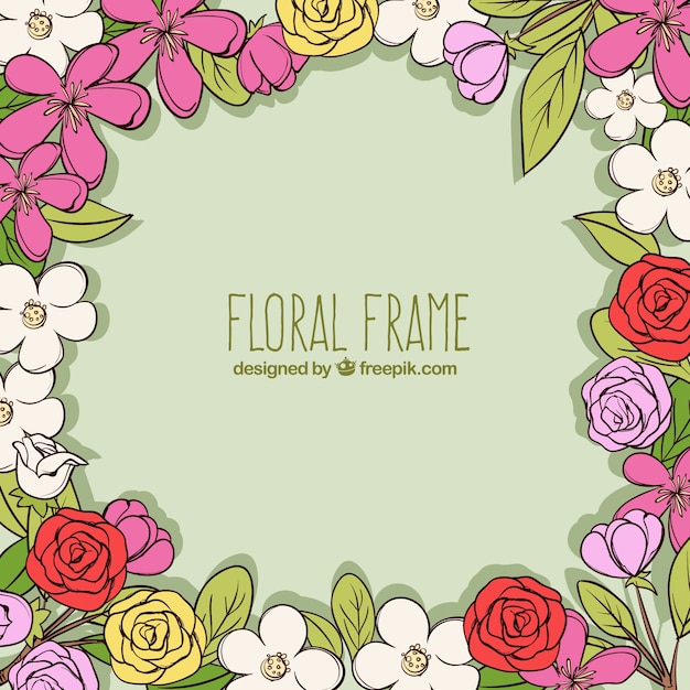 Hand drawn floral frame with variety of flowers