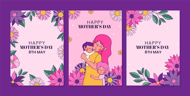 여성의 날 축하를 위해 손으로 그린 꽃 인사말 카드 컬렉션