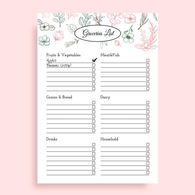 Hand drawn floral grocery store list