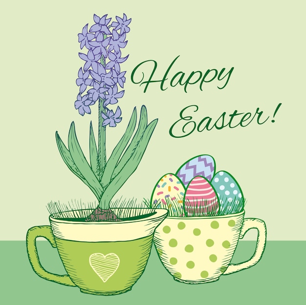 손으로 그린 꽃 행복 한 부활절 카드 냄비에 피 천연 히아신스와 머그잔에 화려한 계란