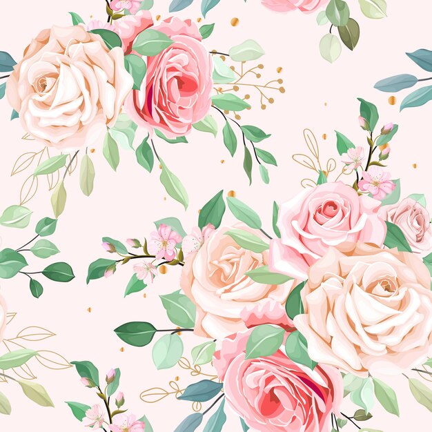 Hand drawn floral and leaves seamless pattern