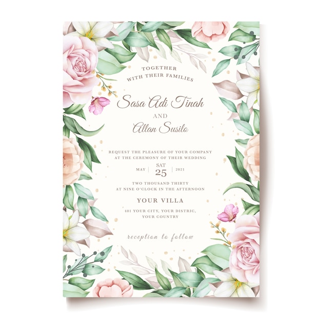 hand drawn floral and leaves wedding invitation card