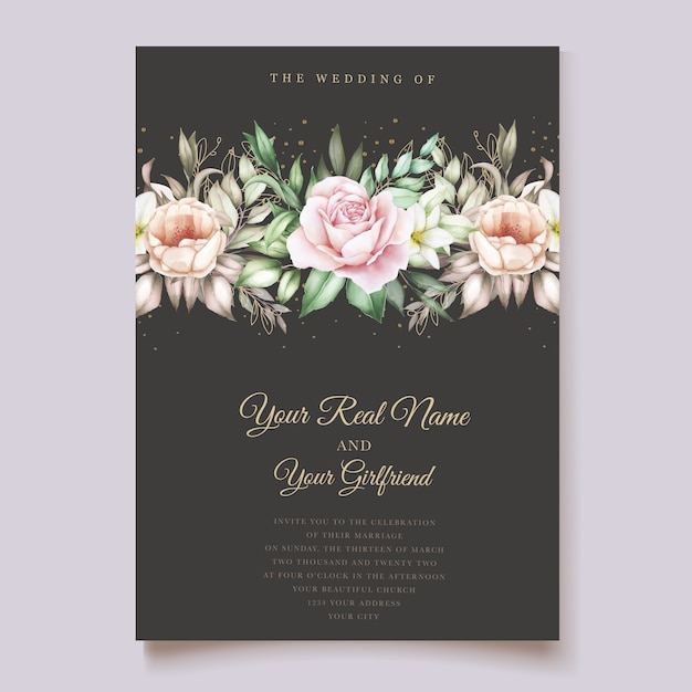 Free vector hand drawn floral and leaves wedding invitation card