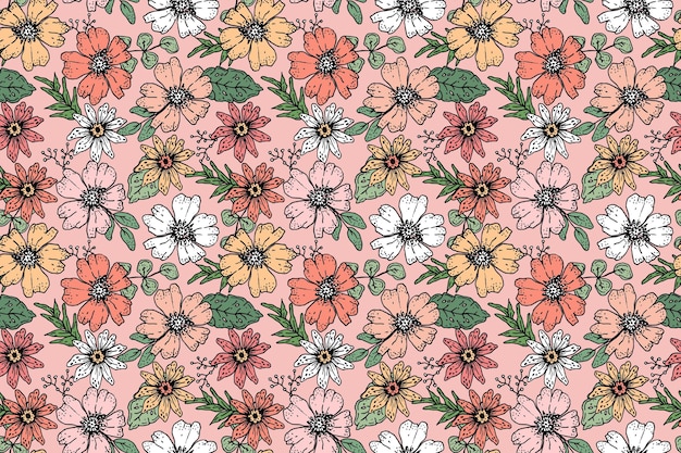복숭아 색조에 손으로 그린 꽃 패턴 디자인