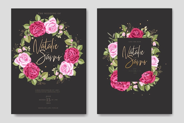 Hand drawn floral red roses invitation card set