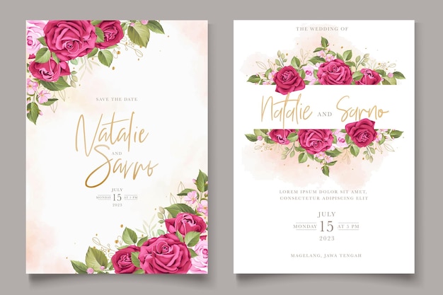 Hand drawn floral red roses invitation card set