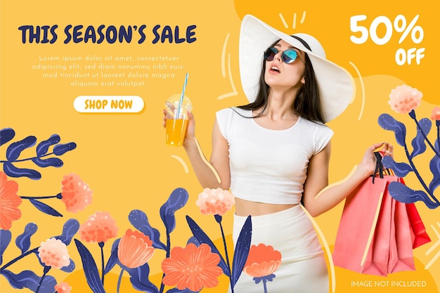 Free vector hand drawn floral sale banner with photo