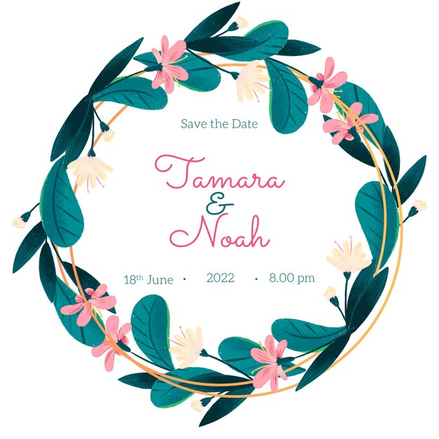 Hand drawn floral save the date wreath card