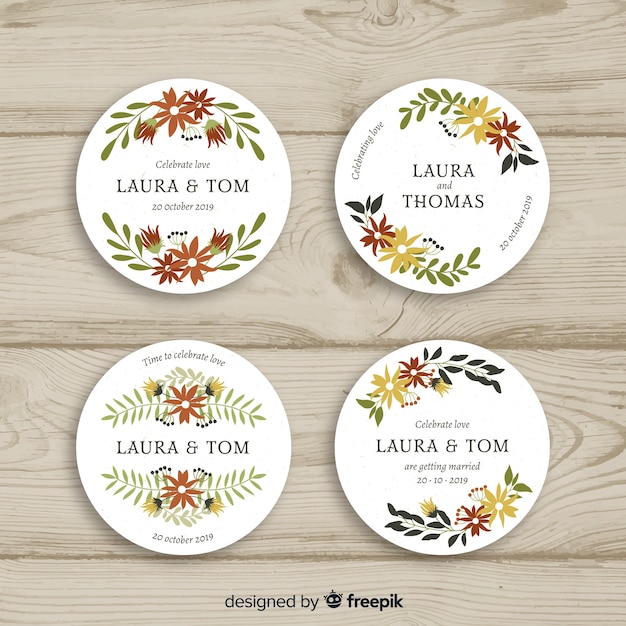 Free vector hand drawn floral wedding badges collection