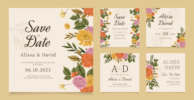 Free vector hand drawn floral wedding instagram posts