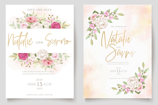 Set di carte di invito a nozze floreale disegnato a mano Vettore gratuito