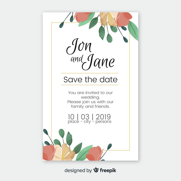 Hand drawn floral wedding invitation template