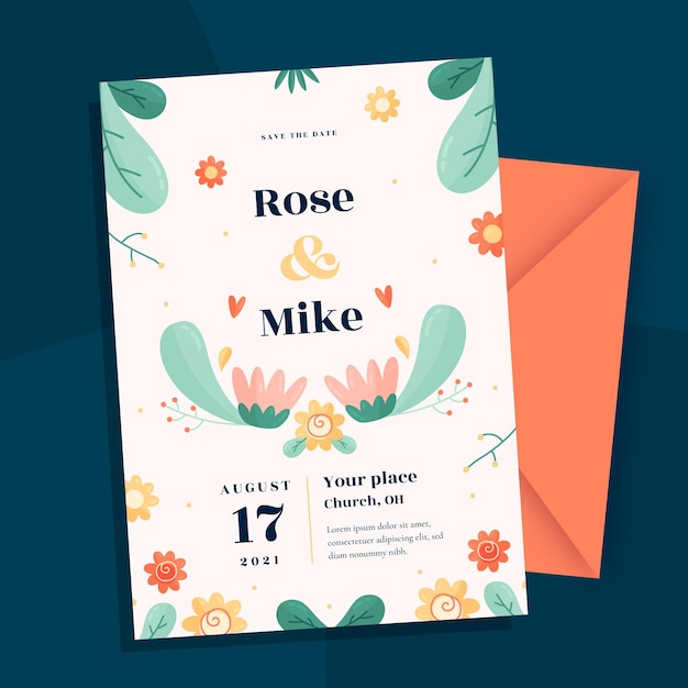 Hand drawn floral wedding invitation template