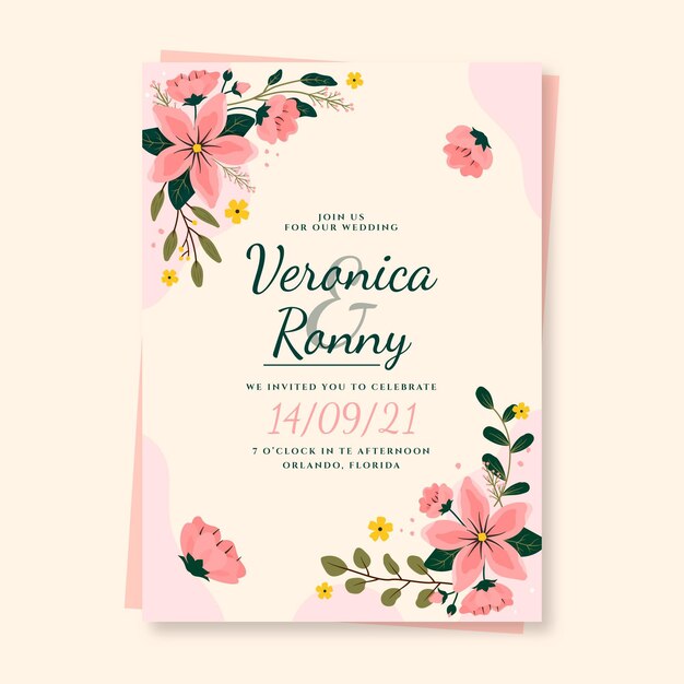 Hand drawn floral wedding invitation template