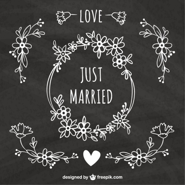 Hand drawn floral wedding ornaments in blackboard style vector template – free to download