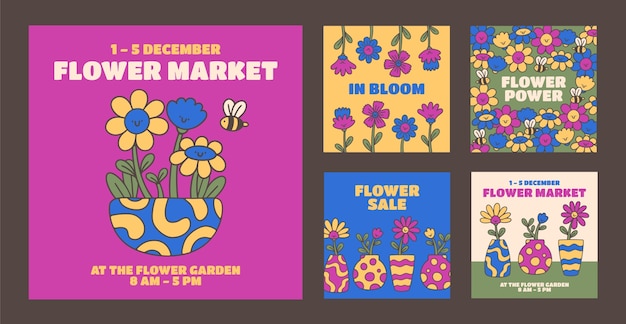 Free vector hand drawn flower market instagram posts collection