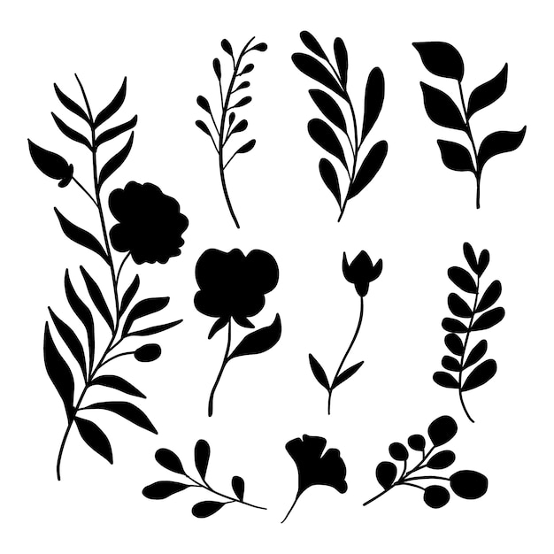 Hand drawn flower silhouette set