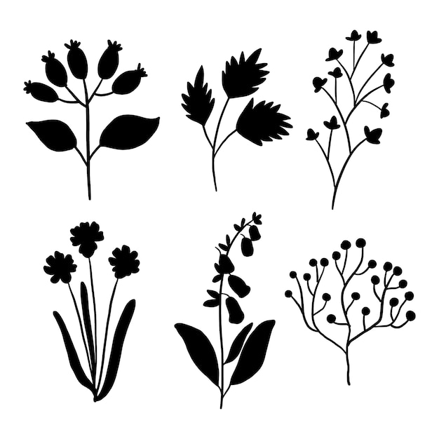 Бесплатное векторное изображение Ручной обращается цветочный силуэт набор