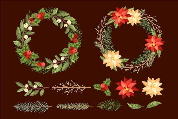 Hand drawn flower and wreath assortment of christmas decorations