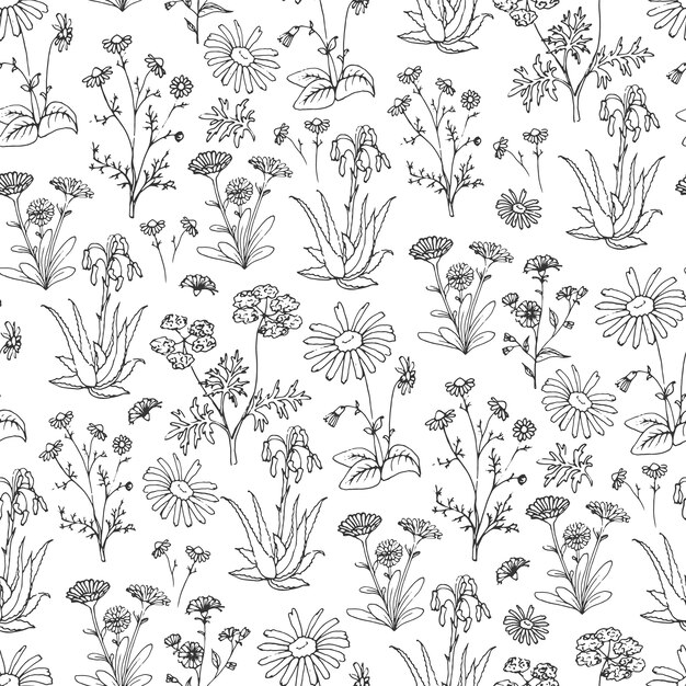 Hand drawn flowers pattern background