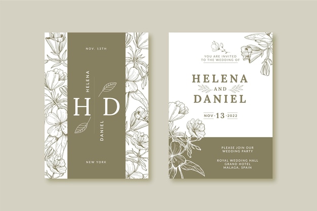 Hand drawn flowers wedding invitation Free Vector