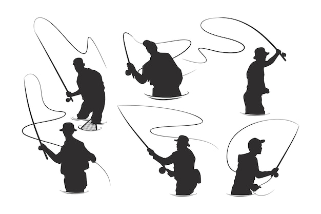 Vettore gratuito set di silhouette di pescatore a mosca disegnato a mano
