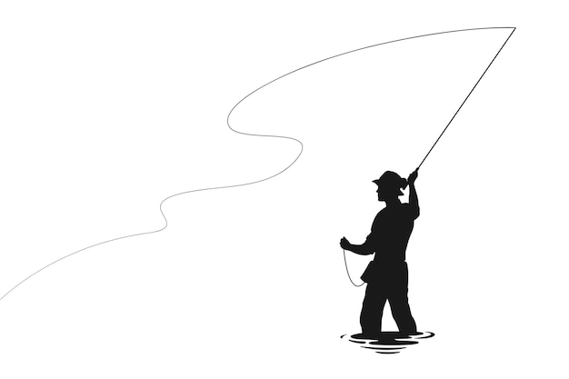 Hand drawn fly fisherman silhouette