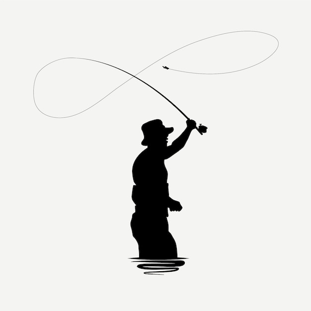Vettore gratuito siluetta del pescatore a mosca disegnata a mano