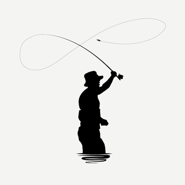 Hand drawn fly fisherman silhouette