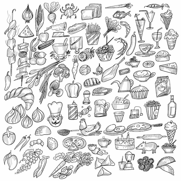 Нарисованные рукой элементы дизайна эскиза еды
