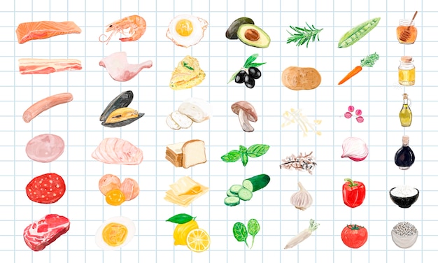 Hand drawn food ingredients watercolor style